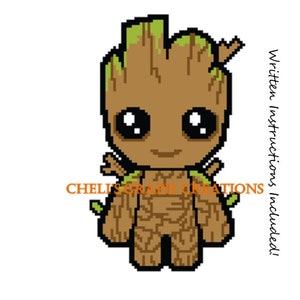 May include: Pixel art pattern of a green and brown Groot character from the Guardians of the Galaxy film. Written instructions are included.