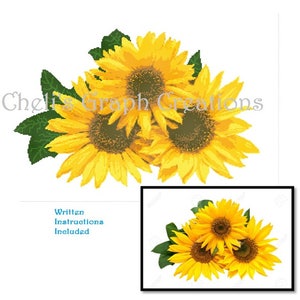 Op de afbeelding: Borduurpatroon met drie gele zonnebloemen met groene bladeren. Het patroon bevat schriftelijke instructies.