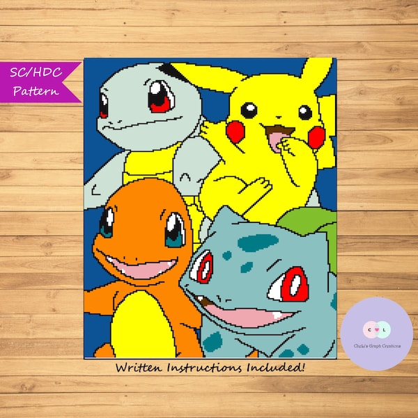 Pokemon Collage for SC/HDC, Pattern, Crochet, Written Instructions Included, Blanket, Afghan, Pikachu, Squirtle, Anime, Charizard, Bulbasaur