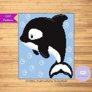 May include: C2C crochet pattern for a black and white orca with a blue background and white bubbles. Written instructions are included.