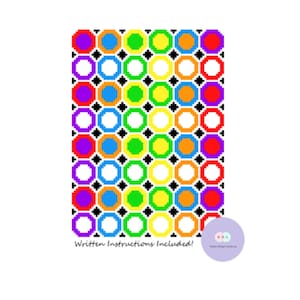 May include: A colorful pixel art pattern with a rainbow of octagons and circles on a black background. The pattern is made up of red, orange, yellow, green, blue, indigo, and violet octagons and circles. The pattern is repeated throughout the image. Written instructions are included.