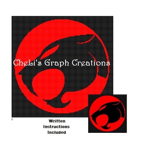 May include: A black and red crochet pattern featuring the Thundercats logo. The logo is a black panther silhouette inside a red circle. The text "Cheli's Graph Creations" is in the upper left corner of the image. The text "Written Instructions Included" is in the lower center of the image.