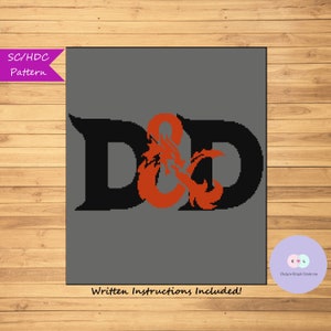 May include: A crochet pattern for a gray and black D&D logo with a red dragon. The pattern includes written instructions.