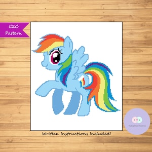 May include: C2C crochet pattern for a pixelated Rainbow Dash from My Little Pony. The pattern includes written instructions.
