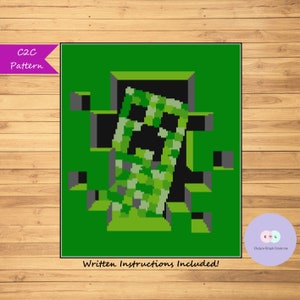 May include: A green Minecraft Creeper pixel art pattern for C2C crochet. The Creeper is breaking through a green wall. Written instructions are included.