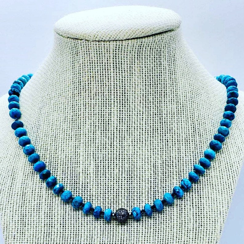 Turquoise and diamond necklace with sterling silver and hematite