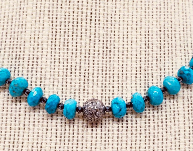 Turquoise and diamond necklace with sterling silver and hematite