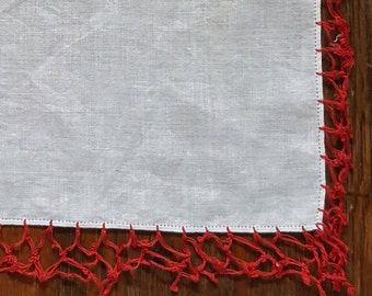 White Handkerchief with Red Tatted Edge