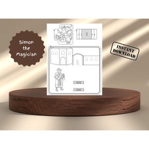 Puede incluir: Ilustración en blanco y negro de un proyecto de manualidades en papel con un mago, edificios y figuras. El texto "Simon the Magician" está en una etiqueta circular marrón. Las palabras "Descarga instantánea" están en una etiqueta en blanco y negro.