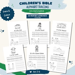 Puede incluir: Un libro de actividades de caligrafía del alfabeto bíblico para niños con 26 hojas de trabajo imprimibles y una portada. Las páginas presentan ilustraciones en blanco y negro, líneas para trazar letras y texto que incluye A is for Ark, D is for David, H is for Heaven, L is for Lamb, Q is for Queen Esther y Y is for Yahweh.