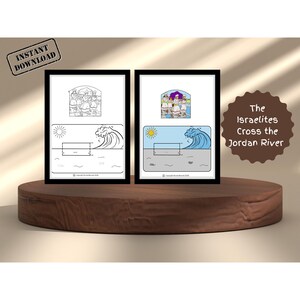 May include: Two framed illustrations depicting a biblical scene, one in monochrome and the other in colour. The illustrations show people, a river, and the sun. The text "The Israelites Cross the Jordan River" is on a brown circular background. The words "Instant Download" are on a rectangular sticker.