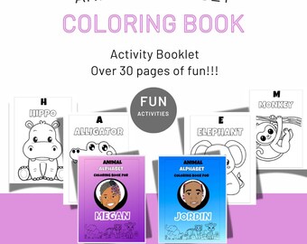 Personalized Animal Alphabet Coloring Book – Custom Cartoon Cover, Crayons