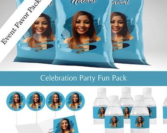 Custom Celebration Favor Pack – Personalized Chip Bags, Water Bottle Labels