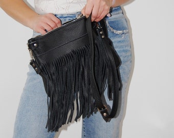 Shoulder Bag with fringes, Bag with adjustable strap, gift bag , Genuine Leather, small bag, handmade, fringes, everyday bag, for a date