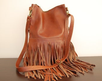 Bag with adjustable strap, BROWN Bag, Shoulder Bag with fringes, gift bag ,  tote bag, Genuine Leather, small bag, handmade, fringes,