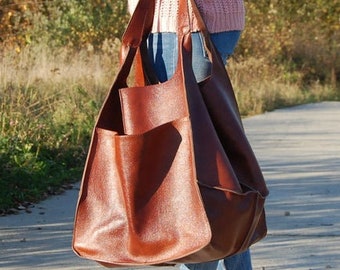 Leather Shopper Bag, roomy bag, Oversize cognac Brown, Weekender bag, Handbag, Shopping bag, Tote bag, Bag, natural leather