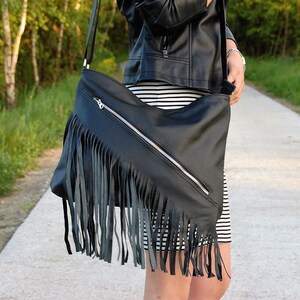 Fringe handbag, Bag Leather, crossbody, everyday bag, shoulder bags, hobo, black bag, for work, to university, everyday, gift, woman bag