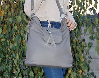 Sac à bandoulière en cuir, cuir crossbody, sac de mode, sac à main, sac en cuir gris, grande taille, grand sac, pour un cadeau,