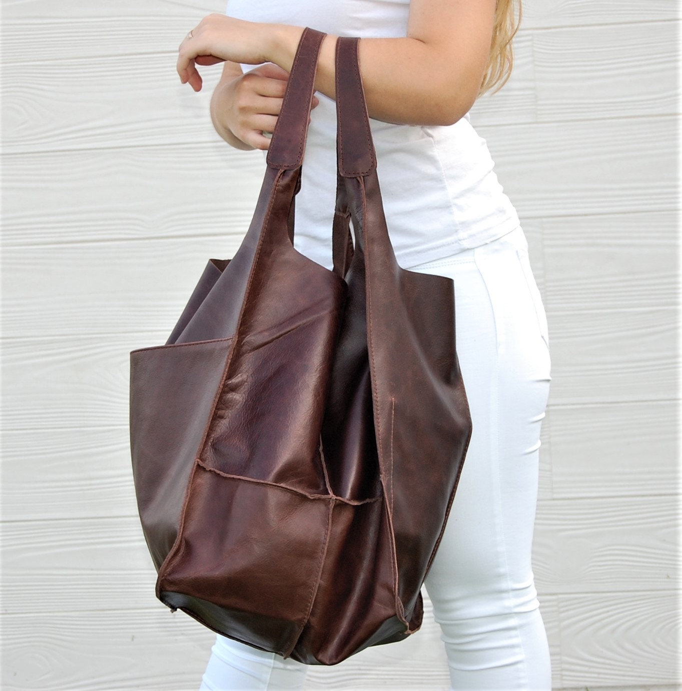 Tote Bag Oversize Cognac Brown Leather Bag Shopper Bag | Etsy