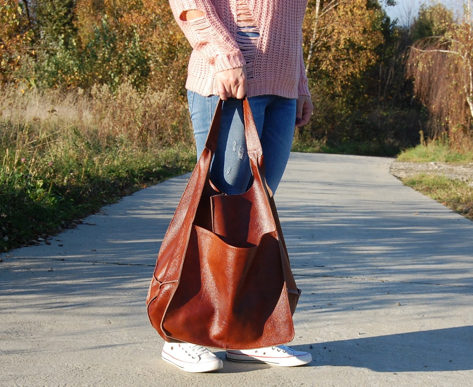 Oversize Cognac Brown Leather Tote Bag Shopper Bag love | Etsy