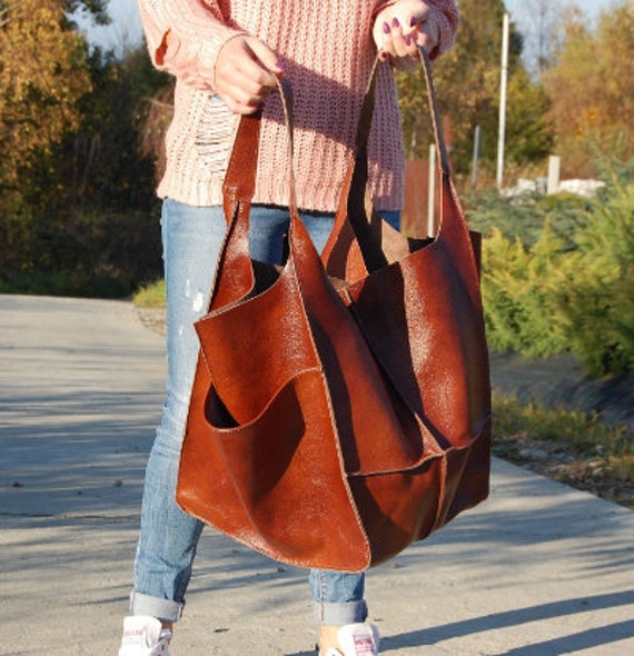 Oversize Cognac Brown Leather Tote Bag Shopper Bag Love 