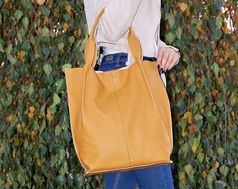 Weekender bag, Large Handbag, Oversized bag,  Leather Shopper Bag, Large Tote Bag, Shoulder Bag, shopping bag, Yellow Bag,