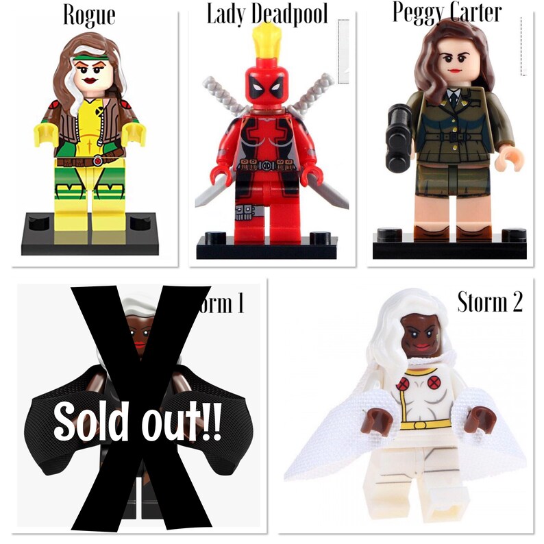 May include: Set of six mini LEGO-style figures of popular Marvel characters. The figures include Rogue, Lady Deadpool, Peggy Carter, and Storm in two different poses. The Storm figure in the white costume is sold out.