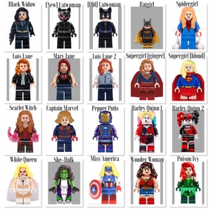 May include: A collection of 20 Lego minifigures of female superheroes and villains, including Black Widow, Catwoman, Batgirl, Spidergirl, Lois Lane, Mary Jane, Supergirl, Scarlet Witch, Captain Marvel, Pepper Potts, Harley Quinn, White Queen, She-Hulk, Miss America, Wonder Woman, and Poison Ivy.
