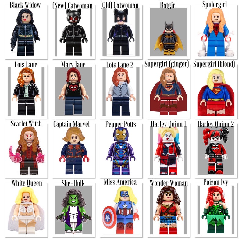 May include: A collection of 20 Lego minifigures of female superheroes and villains, including Black Widow, Catwoman, Batgirl, Spidergirl, Lois Lane, Mary Jane, Supergirl, Scarlet Witch, Captain Marvel, Pepper Potts, Harley Quinn, White Queen, She-Hulk, Miss America, Wonder Woman, and Poison Ivy.