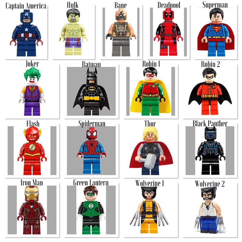 May include: A collection of 16 Lego minifigures of popular superheroes and villains, including Captain America, Hulk, Bane, Deadpool, Superman, Joker, Batman, Robin, Flash, Spiderman, Thor, Black Panther, Iron Man, Green Lantern, Wolverine, and more.