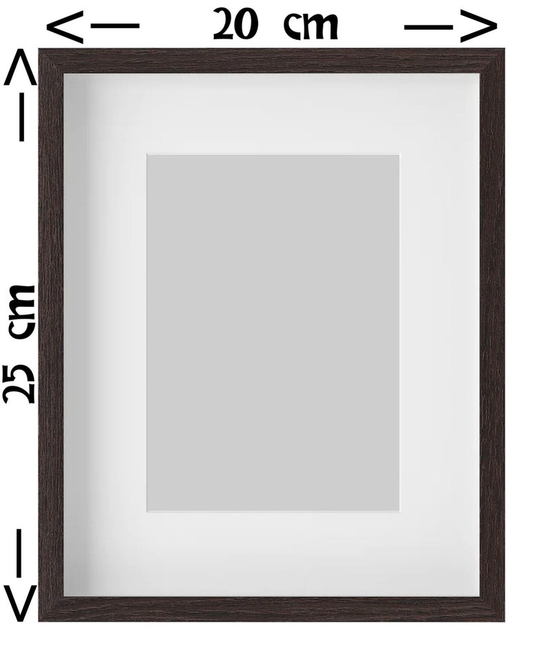 May include: A dark brown wood picture frame with a white mat and a white background. The frame measures 20 inches by 25 inches.