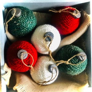 Hand-Wrapped Wool Yarn Christmas Ornament • Red + Green + White • Single or Mix-&-Match Set • Textured Farmhouse Holiday Decor