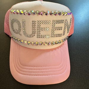 Pink &#39;Queen&#39; Trucker Hat: AB Rhinestone Snapback