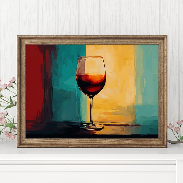 Vintage Wine Digital Oil Print, Retro Wine Glass Digital Poster, Printable Art, Trendy Bar Wall Art, Retro Printable Art, Wine Rustic Art