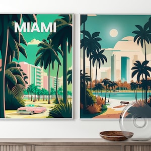 Miami Prints Set of 2, Miami Travel Poster, Miami Traditional Print, Travel Poster, Birthday Gift, Digital Illustration Landscape, Wall Art