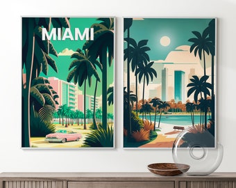 Miami Prints Set of 2, Miami Travel Poster, Miami Traditional Print, Travel Poster, Birthday Gift, Digital Illustration Landscape, Wall Art