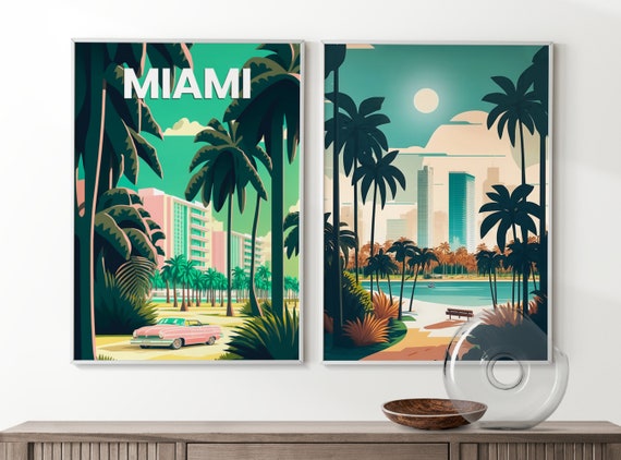 Miami Prints Set of 2, Miami Travel Poster, Miami Traditional Print, Travel Poster, Birthday Gift, Digital Illustration Landscape, Wall Art