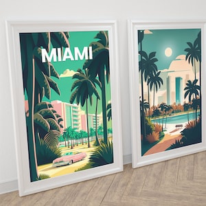 May include: Two framed illustrations of Miami, Florida. The left image features a pink car driving down a palm tree lined street with the word "MIAMI" in white text. The right image shows a view of the city skyline with palm trees and a lake in the foreground.