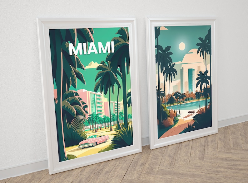 May include: Two framed illustrations of Miami, Florida. The left image features a pink car driving down a palm tree lined street with the word "MIAMI" in white text. The right image shows a view of the city skyline with palm trees and a lake in the foreground.