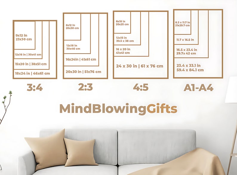 May include: A chart showing different print sizes in inches and centimeters. The chart is labeled with the ratios 3:4, 2:3, 4:5, and A1-A4. The text "Mind Blowing Gifts" is at the bottom of the chart.