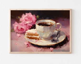 Könnte beinhalten: Ein Gemälde einer weißen Porzellan-Teetasse und -Untertasse mit einer rosa Rose und einem Stück Kuchen auf einer rosa Tischdecke.