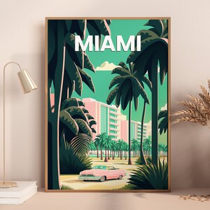 May include: A vintage-style poster with a retro pink car driving through a palm tree lined street in Miami, Florida. The poster has a green background with the word "MIAMI" in white text.