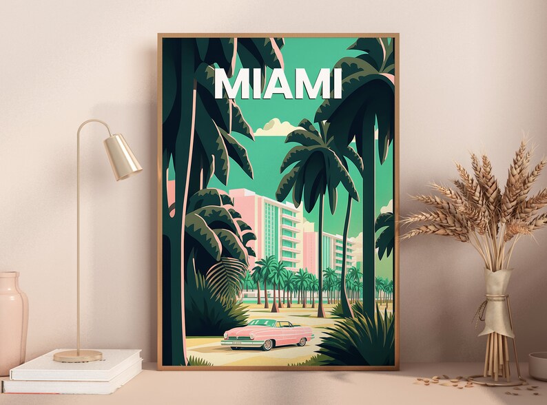 May include: A vintage-style poster with a retro pink car driving through a palm tree lined street in Miami, Florida. The poster has a green background with the word "MIAMI" in white text.