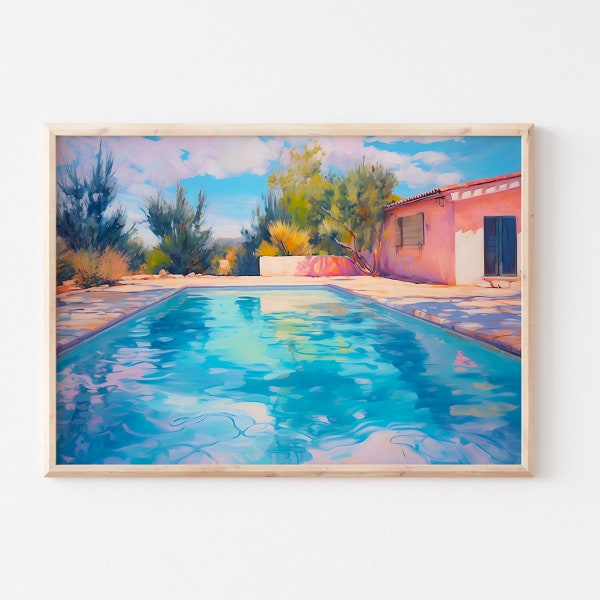 Retro Pool Print | Cottages Pool Print | Soft Blue Pink Painting | Pool House Decor | Pool Wall Art | Retro Downloadable Print | Vintage Art