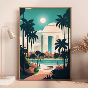 May include: A framed illustration of a city skyline with palm trees and a body of water in the foreground. The sky is blue with a white sun and clouds. The city buildings are tall and modern. The palm trees are silhouetted against the sky.