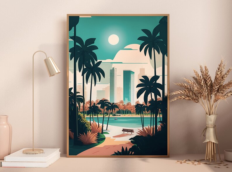 May include: A framed illustration of a city skyline with palm trees and a body of water in the foreground. The sky is blue with a white sun and clouds. The city buildings are tall and modern. The palm trees are silhouetted against the sky.