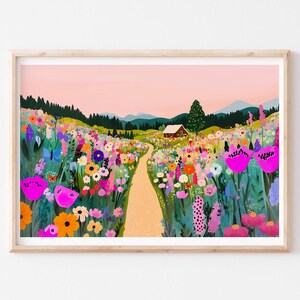 Colorful Cottage Garden Landscape Art Print, Vibrant Floral Meadow Illustration with Wildflowers Horizontal Art, Home Decor Digital Print
