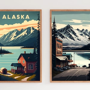 Alaska Set of 2 Prints | Alaska Artwork | Alaska Posters | USA Travel Prints | Wall Art Landscape | Digital Download Alaska Art Illustration