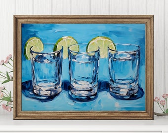 May include: A framed painting depicts three shot glasses filled with a clear liquid, each garnished with a lime slice. The background is a vibrant blue, and the frame is a warm brown. The artwork is a still life of beverages.