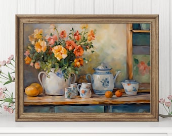 Könnte beinhalten: Ein gerahmtes Gemälde, das ein Stillleben mit einer Vase voller orangefarbener und gelber Rosen, einer Teekanne und Teetassen auf einem Holztisch zeigt. Das Gemälde ist in einem rustikalen Holzrahmen.